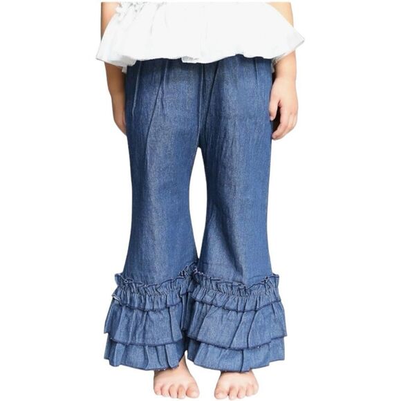 Wennikids Infant Toddler Baby-girls Denim Fancy Ruffle Flare Pants - Picture 1 of 14